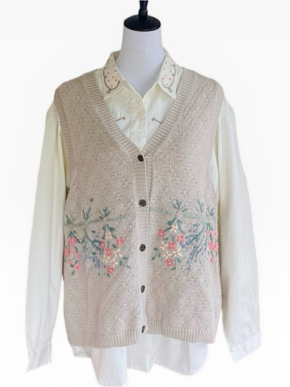 Vintage 2pc Northern Reflections Tan Embroidered Sweater Vest Long Sleeve Shirt
